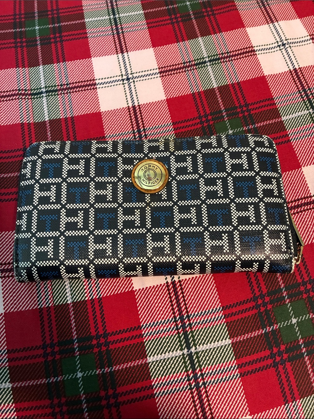 Tommy Hilfiger Blue and White Monogram Zip Wallet